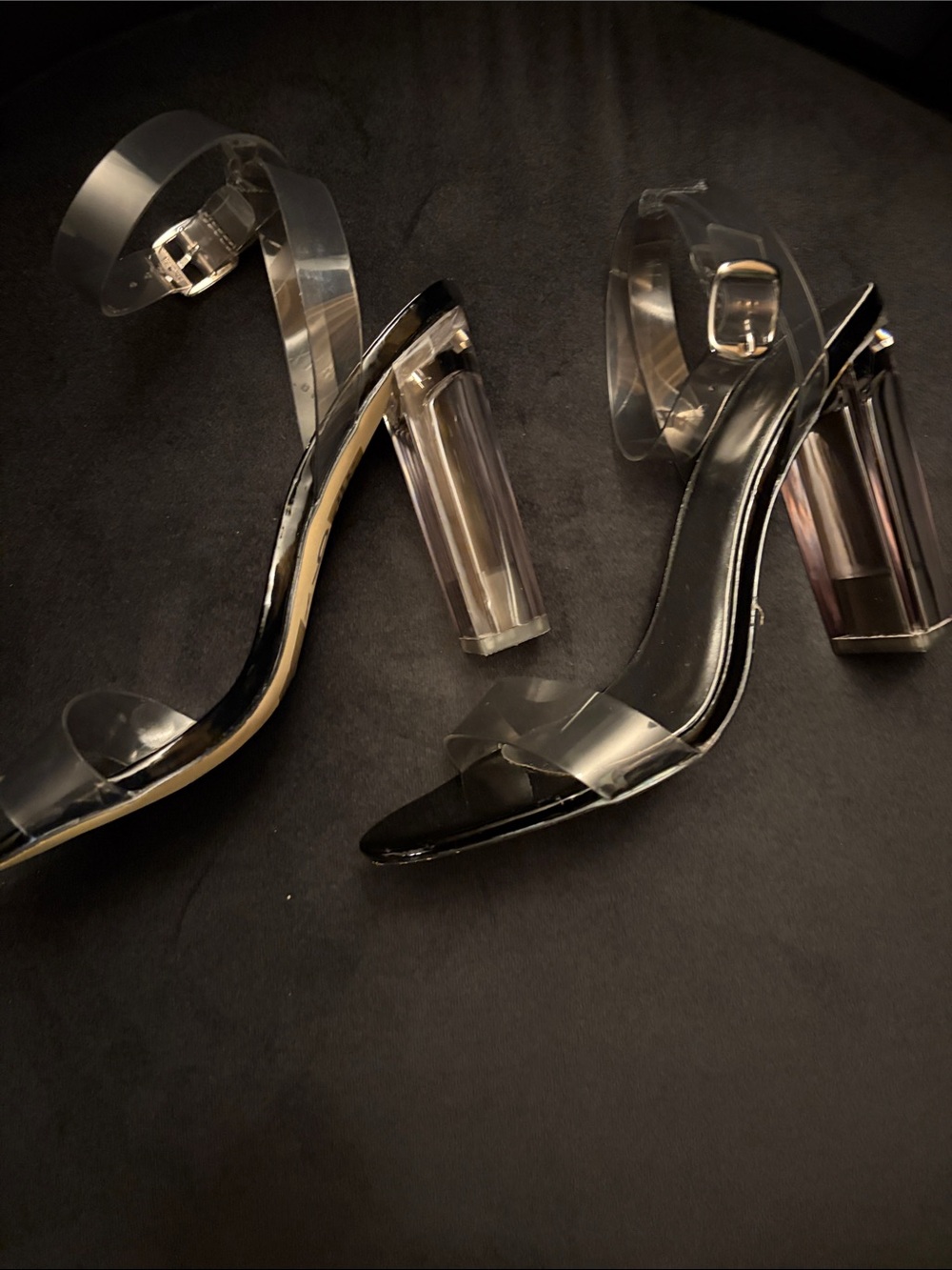Mi Black Patent Block Heel Sandals with Clear Straps